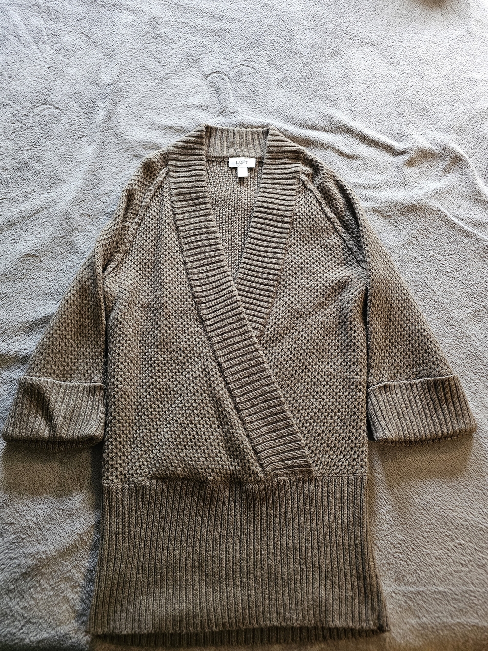 LOFT taupe wrap-style knit cardigan